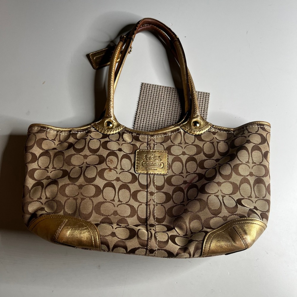 Coach Signature Jacquard Gallery Tote Gold Metallic Leather Khaki 12269